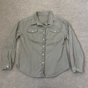 Pearl Snap Shirt Womens Small Dark Beige Pockets Casual 100% Cotton Top Jacket